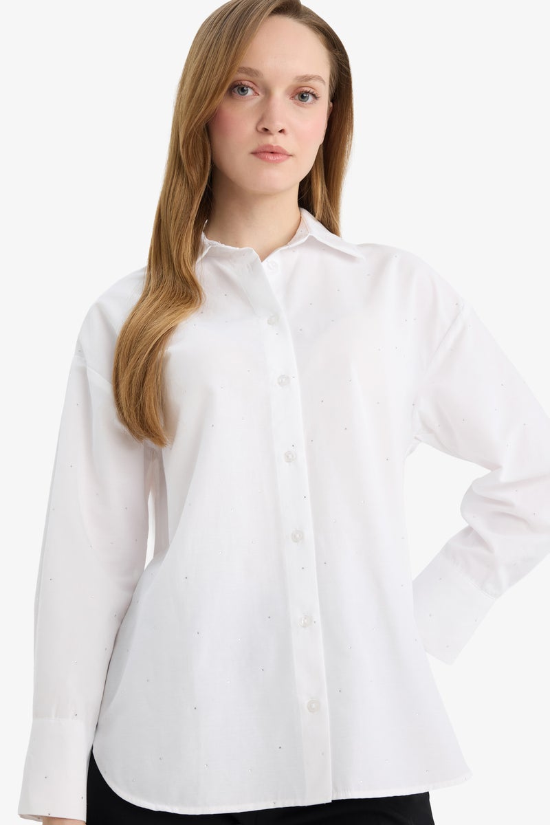 DeFacto White Woman Relax Fit Poplin Shirt Collar Long Sleeve Tunic Casual - Image 1